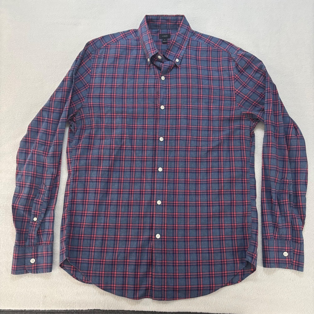 J.Crew Mens Medium Plaid Button Down Shirt Blue Red 100% Cotton Long Sleeve